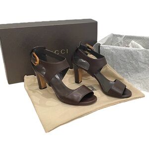GUCCI Lifford Bamboo Buckel Brown Leather Heel Sandal EU 40 US 9.5